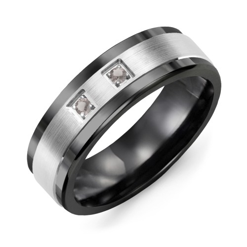 Men's 2-Stone Brushed Ring With Inlay – Ceramic with Smokey Quartz