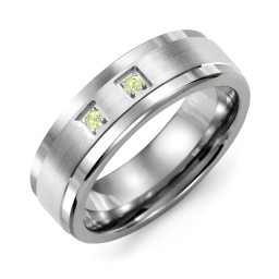 Men's 2-Stone Brushed Ring With Inlay in Tungsten with Peridot