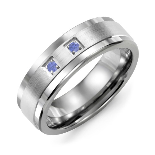 Men's 2-Stone Brushed Ring With Inlay – Tungsten with Blue Sapphire