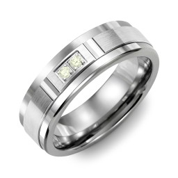Men's 2-Stone Brushed Ring With Diamond Cut Groove Inlay in Tungsten with Peridot