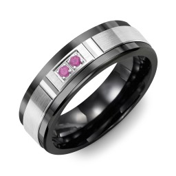 Men's 2-Stone Brushed Ring With Diamond Cut Groove Inlay in Ceramic with Ruby