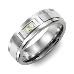 Men's 2-Stone Brushed Ring With Diamond Cut Groove Inlay in Tungsten with Peridot