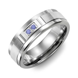 Men's 2-Stone Brushed Ring With Diamond Cut Groove Inlay in Tungsten with Blue Sapphire