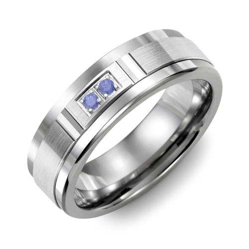 Men's 2-Stone Brushed Ring With Diamond Cut Groove Inlay – Tungsten with Blue Sapphire