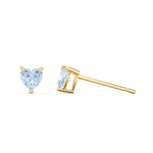Kids Heart Birthstone Stud Earrings – 10K Yellow Gold with Aquamarine