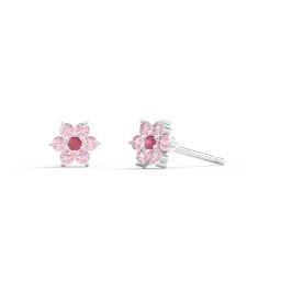Kids Birthstone Flower Cluster Stud Earrings in 925 Sterling Silver with Red Premium Zirconia and Fancy Pink Premium Zirconia
