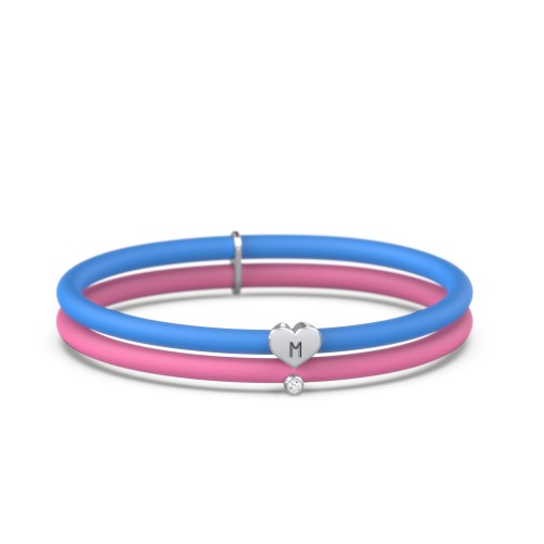 Engravable Heart and Birthstone Charm Silicone Bracelet Set - Double Style – Sterling Silver with Diamond