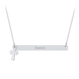 Kids Engravable Bar Necklace with Cross Charm in 925 Sterling Silver
