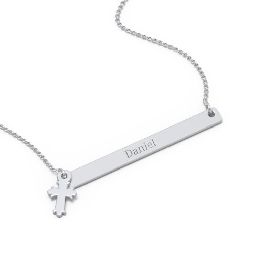 Kids Engravable Bar Necklace with Cross Charm – Sterling Silver