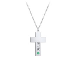 Kids Engravable Birthstone Cross Necklace in 925 Sterling Silver with Emerald