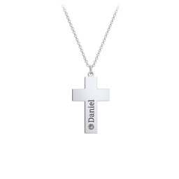 Kids Engravable Birthstone Cross Necklace in 925 Sterling Silver with Smokey Quartz