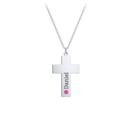 Kids Engravable Birthstone Cross Necklace in 925 Sterling Silver with Ruby