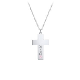 Kids Engravable Birthstone Cross Necklace in 925 Sterling Silver with Pink Tourmaline