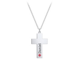Kids Engravable Birthstone Cross Necklace in 925 Sterling Silver with Garnet