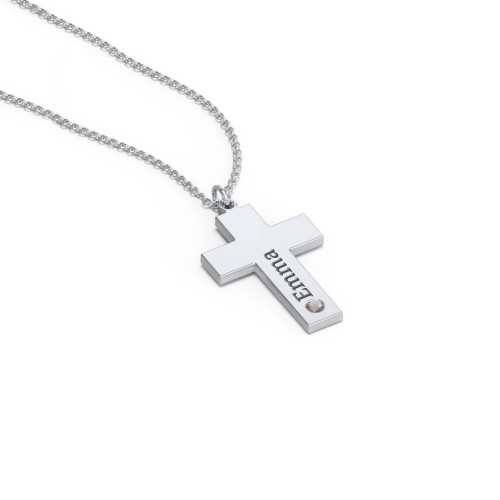Kids Engravable Birthstone Cross Necklace – Sterling Silver with Smokey Quartz