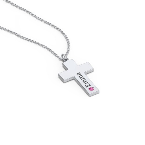 Kids Engravable Birthstone Cross Necklace – Sterling Silver with Ruby