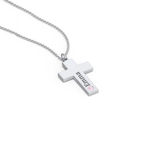 Kids Engravable Birthstone Cross Necklace – Sterling Silver with Pink Tourmaline