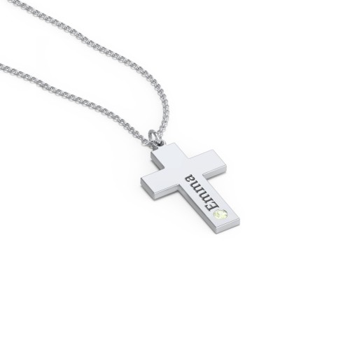 Kids Engravable Birthstone Cross Necklace – Sterling Silver with Peridot