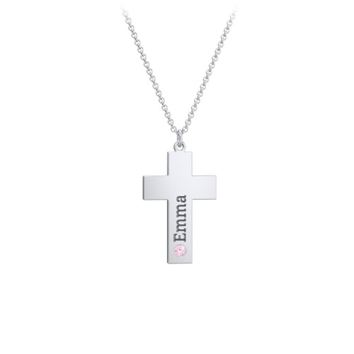 Kids Engravable Birthstone Cross Necklace – Sterling Silver with Pink Tourmaline
