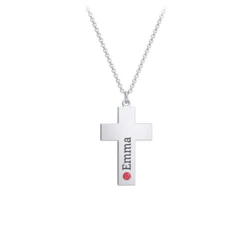 Kids Engravable Birthstone Cross Necklace – Sterling Silver with Garnet