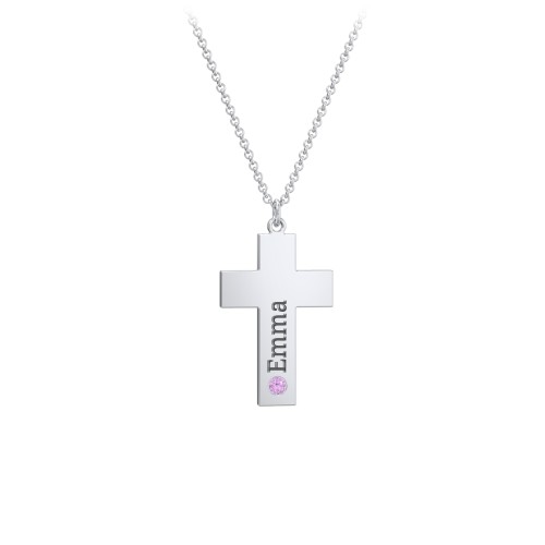 Kids Engravable Birthstone Cross Necklace – Sterling Silver with Amethyst