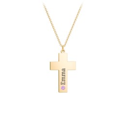 Kids Engravable Birthstone Cross Necklace in 10K Solid Yellow Gold with Amethyst