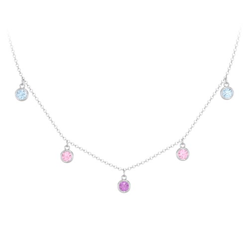 Kids Birthstone Charm Necklace with 5 Stones – Sterling Silver with Blue Topaz, Pink Tourmaline, and Amethyst