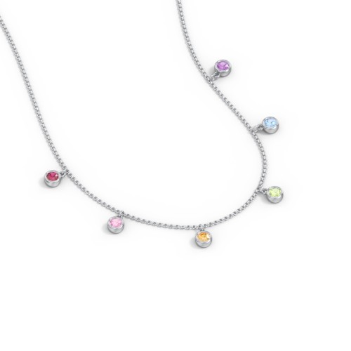 Kids Birthstone Charm Necklace with 6 Stones – Sterling Silver with Ruby, Pink Tourmaline, Citrine, Peridot, Blue Topaz, and Amethyst