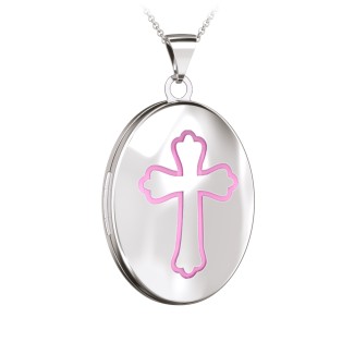 Kids Engravable Oval Photo Locket with Cross Design