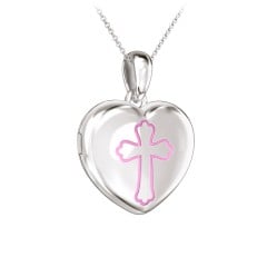 Kids Engravable Heart Photo Locket with Cross Design