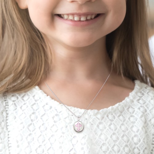 Kids Engravable Round Photo Locket with Cross Design – Sterling Silver