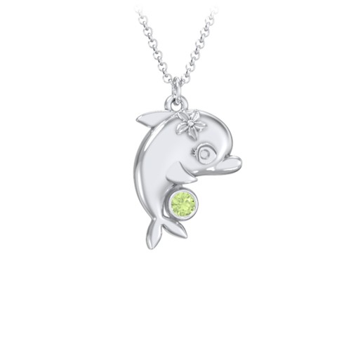 Kids Dolphin Birthstone Critter Necklace – Sterling Silver with Peridot