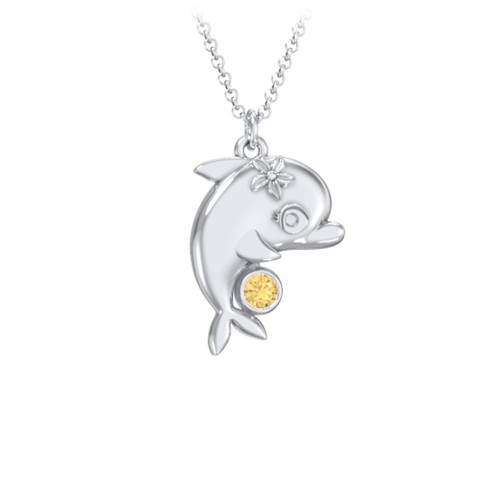 Kids Dolphin Birthstone Critter Necklace – Sterling Silver with Citrine
