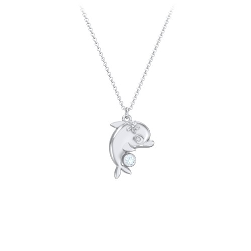 Kids Dolphin Birthstone Critter Necklace – Sterling Silver with Aquamarine