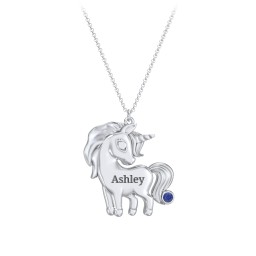 Kids Engravable Unicorn Birthstone Pendant Necklace in 925 Sterling Silver with Blue Sapphire