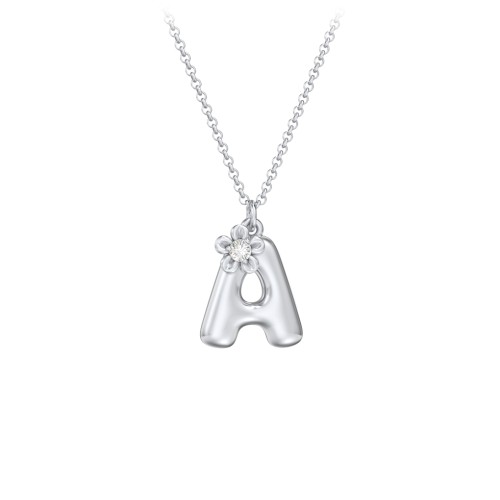 Kids Bubble Initial Necklace With Birthstone Flower – Sterling Silver with Diamond