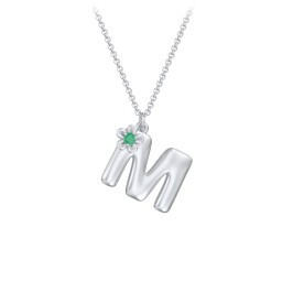 Kids Bubble Initial Necklace With Birthstone Flower in 925 Sterling Silver with Emerald