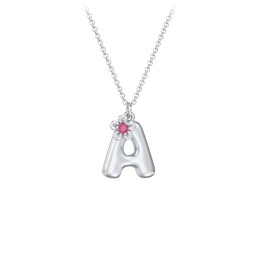 Kids Bubble Initial Necklace With Birthstone Flower in 925 Sterling Silver with Ruby