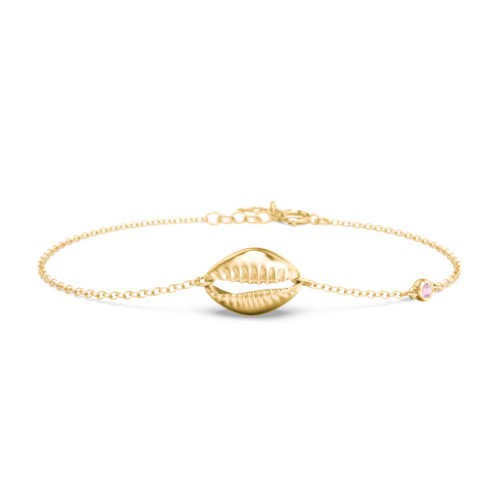 Coffee Bean Shell Bracelet with Bezel Set Gemstone – 18K Gold Plated Silver with Pink Tourmaline