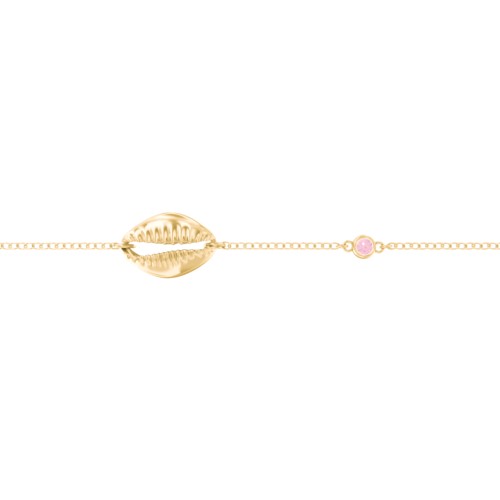 Coffee Bean Shell Bracelet with Bezel Set Gemstone – 18K Gold Plated Silver with Pink Tourmaline