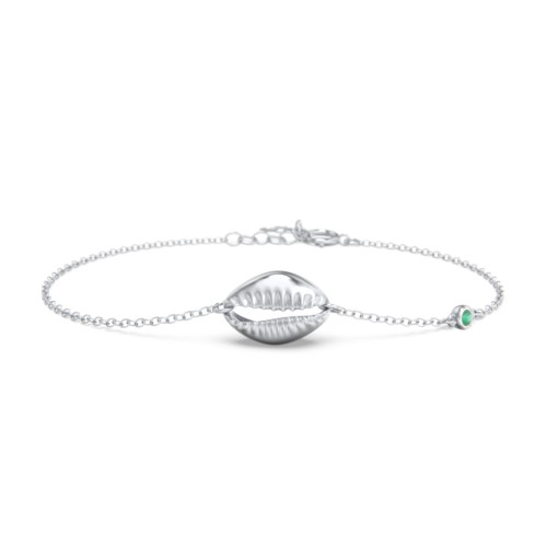 Coffee Bean Shell Bracelet with Bezel Set Gemstone – Sterling Silver with Emerald
