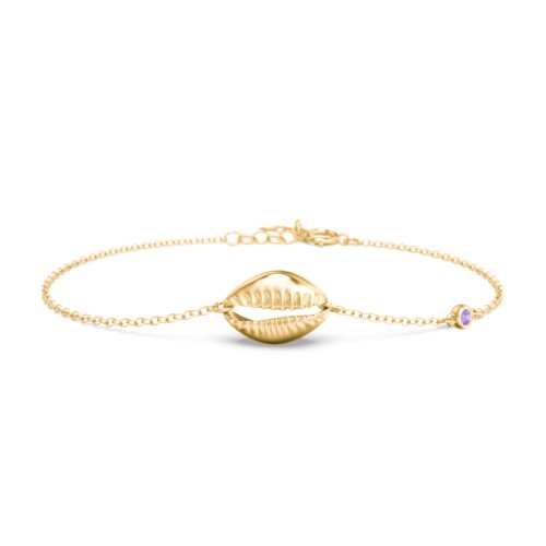Coffee Bean Shell Bracelet with Bezel Set Gemstone – 10K Yellow Gold with Amethyst