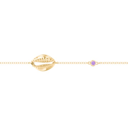 Coffee Bean Shell Bracelet with Bezel Set Gemstone – 10K Yellow Gold with Amethyst