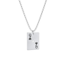 Queen of Clubs Playing Card Charm Necklace – Sterling Silver with Cubic Zirconia