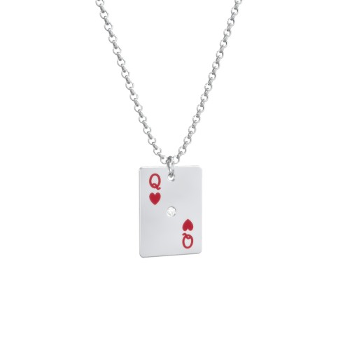 Queen of Hearts Playing Card Charm Necklace – Sterling Silver with Cubic Zirconia