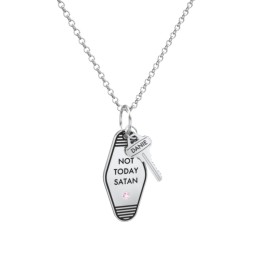 Not Today Satan Engravable Retro Keychain Charm Necklace with Accent - Black in 925 Sterling Silver with Pink Tourmaline
