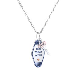 Not Today Satan Engravable Retro Keychain Charm Necklace with Accent - Blue in 925 Sterling Silver with Garnet