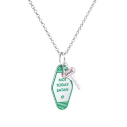 Not Today Satan Engravable Retro Keychain Charm Necklace with Accent - Green
