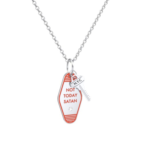 Not Today Satan Engravable Retro Keychain Charm Necklace with Accent - Orange – Sterling Silver with Cubic Zirconia