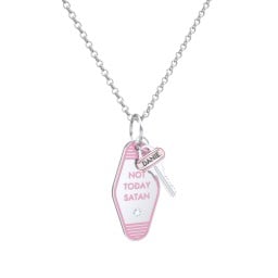 Not Today Satan Engravable Retro Keychain Charm Necklace with Accent - Pink